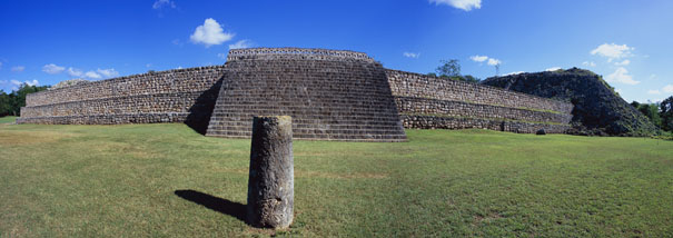 Panorama of Mayan Palace of the Masks at Kabah - kabah mayan ruins,kabah mayan temple,mayan temple pictures,mayan ruins photos